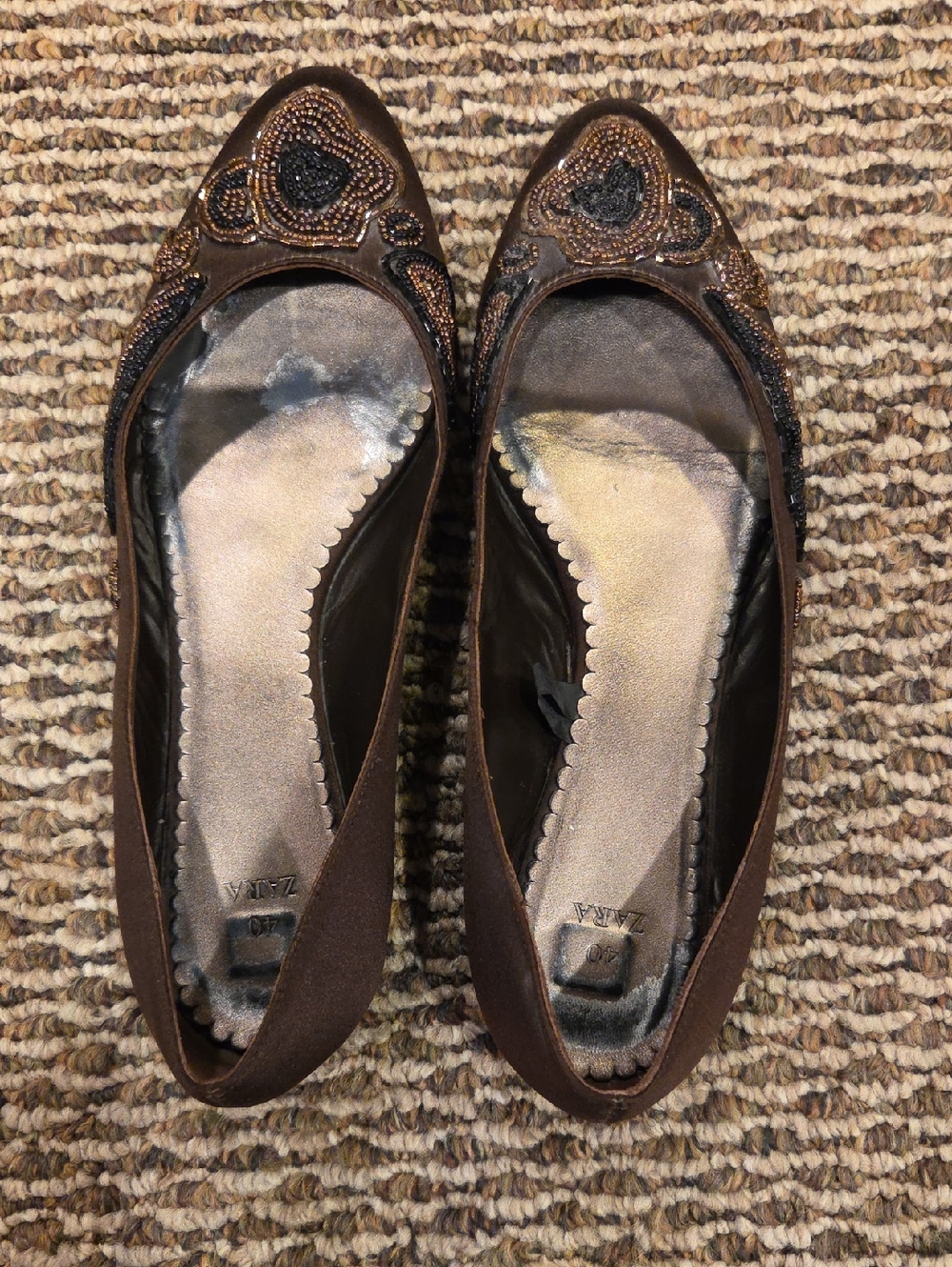 Zara Brown Beaded Pointed-Toe Flats
